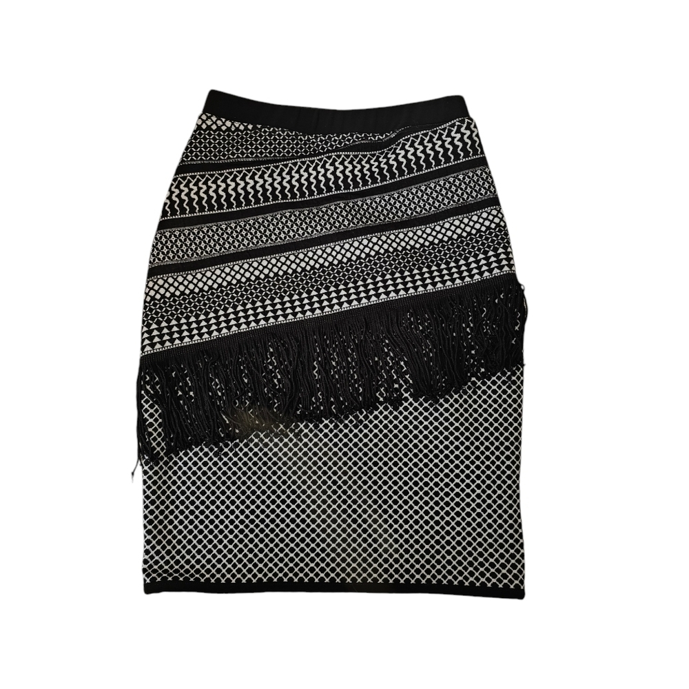 Joseph Ribkoff Black and White Patterned Midi Skirt with Fringe Detail Sz XS - S